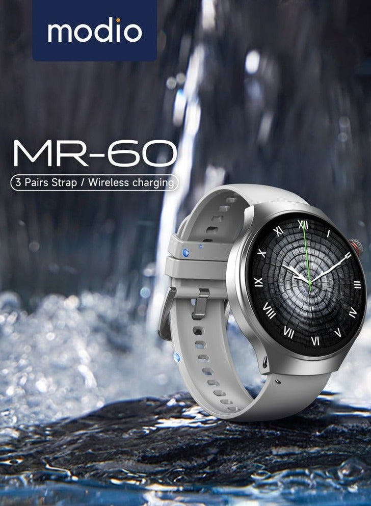 Modio MR-60 Smartwatch with 2.5D Curved Display, Wireless Charging & 3 Interchangeable Straps – Heart Rate, Fitness Tracking, Multi-Sports Modes, Notifications – Silver - Image 2